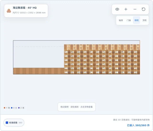同一组默认演示集装箱装载方案的原产品侧视图局部